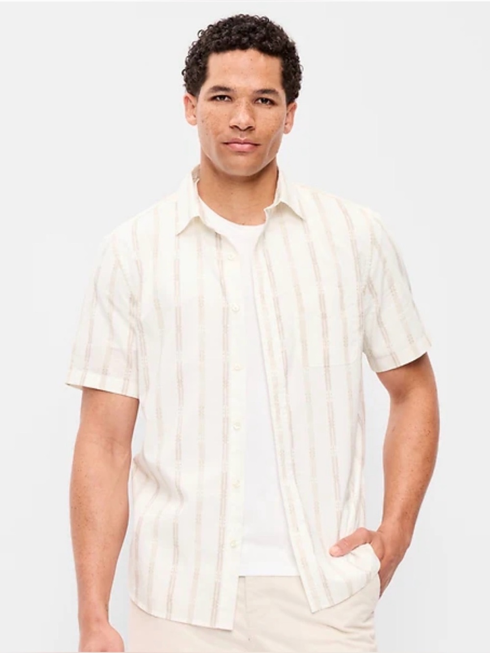 Old Navy Men’s Everyday Shirt 4XL Regular Fit Ivory Stripe Short Sleeve NWT